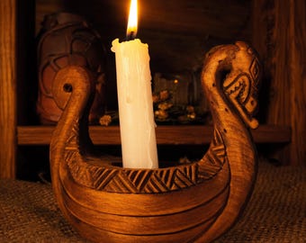 Hand-Carved Wooden Viking Ship Candle Holder, Norse Longship Tealight Decor, Nordic Altar Centerpiece
