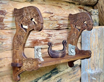 Handmade Viking Wall Oak Shelf Ravens Rustic Medieval Wood Decor