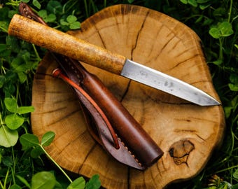 Old Rus Viking Knife Replica, Maple Burl Handle, Basiv Kut Historical Blade, Leather Sheath