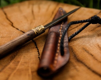 Small Handmade Bog Oak Handle Knife, Brass Bolster, Leather Sheath (Drohobuzh Hillfort Inspired)