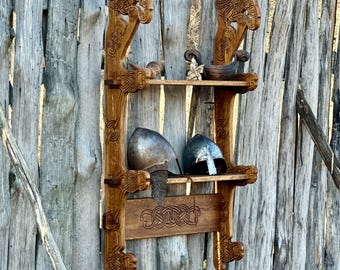 Big Oak Shelf with Hand-Carved Ravens Wall-Mounted