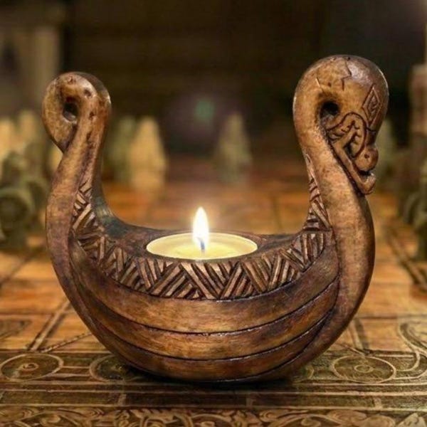 Hand-Carved Wooden Viking Ship Drakkar Candle Holder