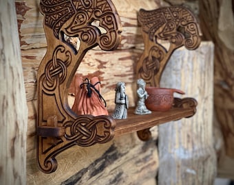 Handmade Viking Wall Shelf Ravens Rustic Medieval Wood Decor