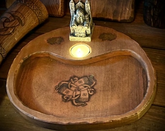 Wooden Tray with Candle and Odin Figurine — A Symbol of Strength, Wisdom, and Power