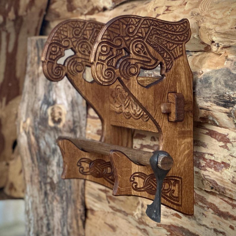 Weapon Rack Axe Oak Weapon Rack With Raven Carving for 1 Item - Etsy
