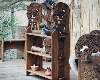 Oak Shelf – Three-Level Rack with Viking Knotwork & Dragon Carvings
