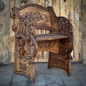 Handmade Folding Viking Chair Dragon Urnes with Scandinavian Knotwork | Modular Furniture | Solid Wood