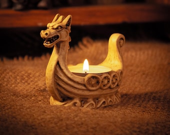 Dragon Candle Stand: Faux Marble Viking Longship Tealight Holder