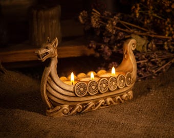 Viking Longship Candle Holder, Faux Marble Dragon Head, 3-Candle Capacity