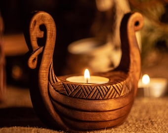 Hand Carved Wooden Viking Drakkar Candleholder, Norse Longship Tealight Holder, Medieval Home Decor