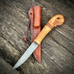 Handmade Viking Dragon Knife – Carved Wooden Handle, Carbon Steel Blade, Leather Sheath – Norse Mythology Inspired Knife