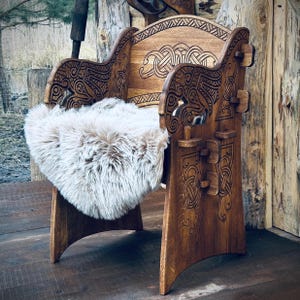 Unique Wooden Chair with Viking Raven Ornament — Folding Furniture Inspired by Ancient Wendell Fibula | Oak & Beech Options