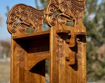 Oak stool with hand-carving Raven
