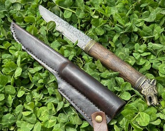 Handmade Damascus Steel Fenrir Wolf Knife: Bog Oak Handle, Brass Detail, Leather Sheath