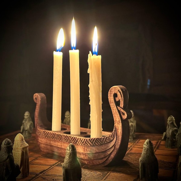 Hand-Carved Wooden Viking Longship Candle Holder – Nordic Home Decor