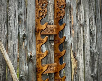 Oak weapon rack with dragon carving for 5 items