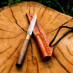 May include: A small fixed-blade knife with a silver-toned metal blade, a brass bolster, and a dark brown wooden handle, accompanied by a tan leather sheath featuring visible stitching and a black cord attachment for carrying or hanging.