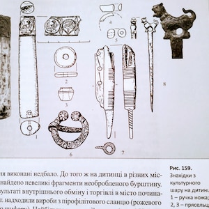 Puede incluir: Una ilustraci&oacute;n t&eacute;cnica en blanco y negro que muestra varios artefactos arqueol&oacute;gicos, incluyendo un mango de cuchillo, fusayolas, un broche circular con patrones florales, una aguja con cabeza de animal y otros objetos met&aacute;licos peque&ntilde;os.