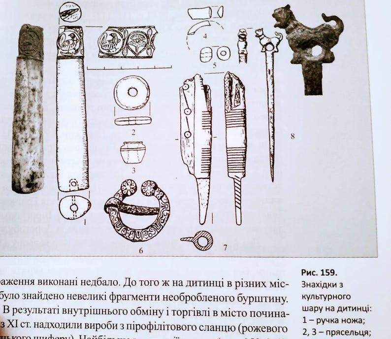 Puede incluir: Una ilustraci&oacute;n t&eacute;cnica en blanco y negro que muestra varios artefactos arqueol&oacute;gicos, incluyendo un mango de cuchillo, fusayolas, un broche circular con patrones florales, una aguja con cabeza de animal y otros objetos met&aacute;licos peque&ntilde;os.