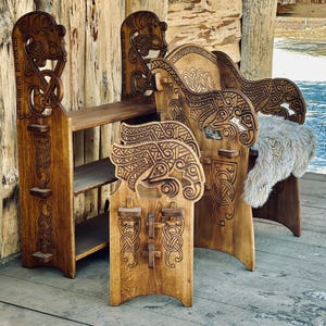 Handmade Viking Bench – Solid Oak, Odin’s Ravens, Nordic Knotwork ...