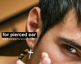 Cross dangling earring, pierced earring for men, silver smooth hoop earring, 18 gauge stainless steel earring, endless hoop earring, 579DCS
