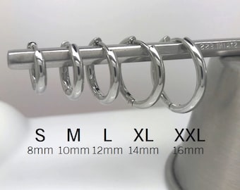 Snap closure hoop earrings, men&#39;s silver earrings, guys earrings, stainless steel round edge earring, huggie earrings, fake gauge earrings