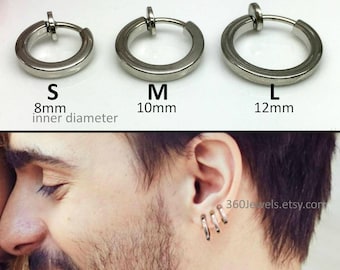 Clip on hoop earring - Silver clip on earring - Men's spring clip on earring - Non pierced earrings for men - 15mm upper ear earring 570