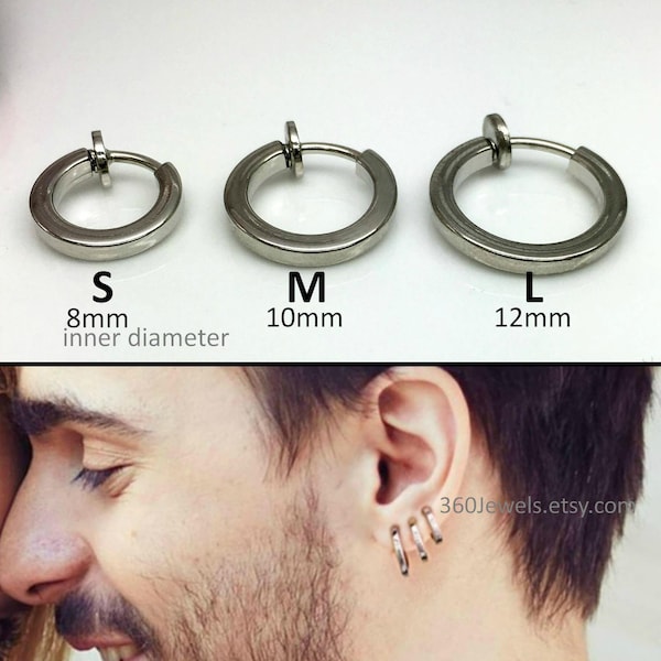 Clip on hoop earring - Silver clip on earring - Men's spring clip on earring - Non pierced earrings for men - 15mm upper ear earring 570