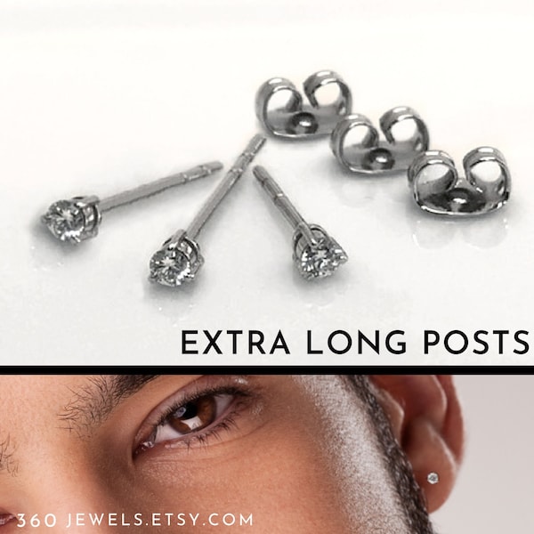 Diamond stud earrings, extra long post, for thick earlobes, mens CZ diamond earrings, 11mm, 14mm, 16mm, 19mm post 424