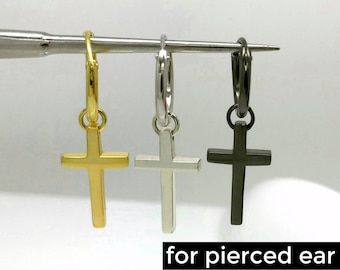 Men's cross earring in gold silver or black, wire hoop dangle cross earrings, cross earring for guys, black cross earring, 552YWBC