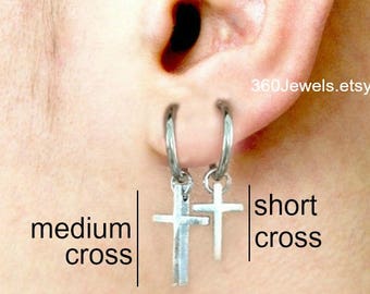 Dangling Cross Clip on Earring, Mens Dangle Earrings, Silver Cross  Earrings, Clip on Hoop Earrings, Ouchless Clip on Earrings, 573S-573M 