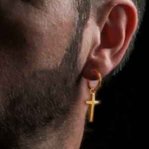 Gold cross earring for men, cross hoop earring, clip on and pierced earring, earrings for guy, dangling cross earring 552YC or 573SY image 1