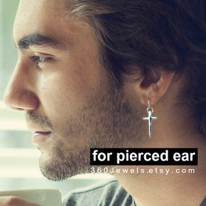 Cross hoop earring for men, pierced earring, smooth hoop earring, stainless steel earring, 18G earrings, silver endless hoop earring, 579DCL