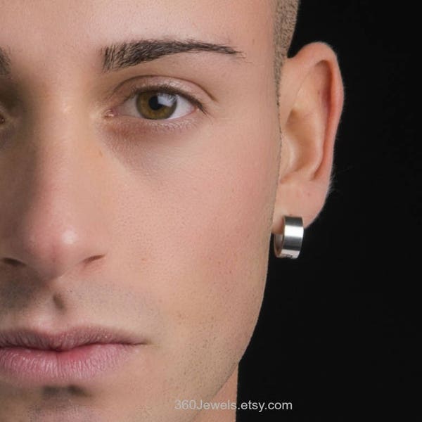 Mens earrings silver huggie hoop, medieval punk rocker, earrings for guys, bold earrings, stainless steel hoop earrings, thick earrings, 170