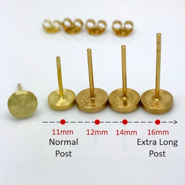 Long post earring, yellow gold stud earrings, extra long post 12mm 14mm 16mm, thick earlobe earring, fat earlobe earring, 420MY x-long post