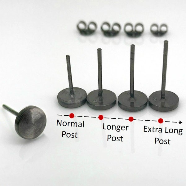 Extra long post earrings, 7mm black stud earrings for men, thick earlobes, fat earlobes, custom ear post length, 420 7mb x-long post