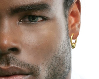 Gold hoop earrings for men, fake gauged earrings, fake captive bead earrings, huggie earring, round edge earrings, yellow gold steel earring