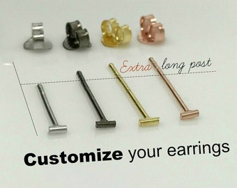 Extra long post earrings, tiny bar stud earrings, thick earlobes, large earlobes, custom ear post length, fat earlobe earrings, 464 custom