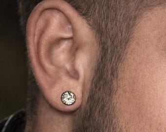 Mens CZ Diamond Black Stud Earrings | Iced Bezel Post Studs | Gunmetal Black Plated on 925 Sterling Silver