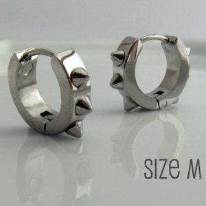 Mens Spike Earrings Silver Huggie Hoop - Spiked Huggie Earring - For Guy Cyber Corp Gothic Punk Rocker - Stainless Steel - Medium no.157
