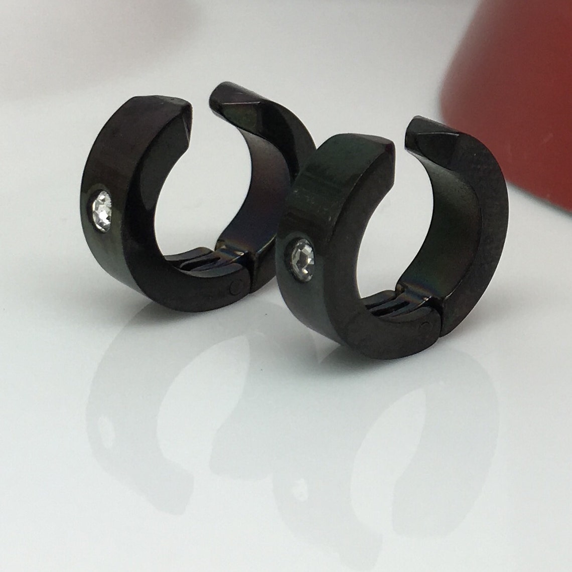 Midnight Black Clip on Hoop Earring, Mens Earrings, Diamond Cz Accent ...