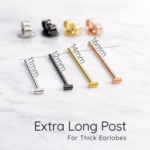 Extra Long Post Stud Earrings | For Thick Earlobes | 12mm 14mm 16mm | Gold Plated On 925 Sterling Silver Bar Studs | Comfort Fit