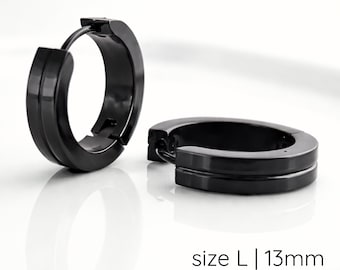 Mens Jet Black Large 13mm Grooved Huggie Hoop Earrings | Flat