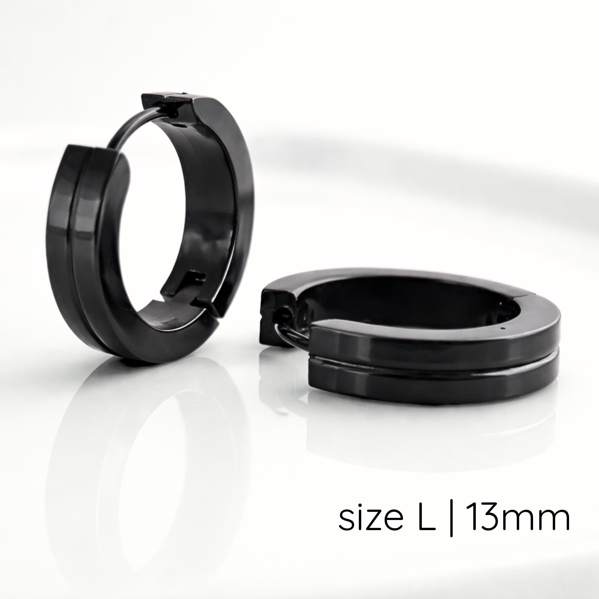 Mens Jet Black Large 13mm Grooved Huggie Hoop Earrings | Flat