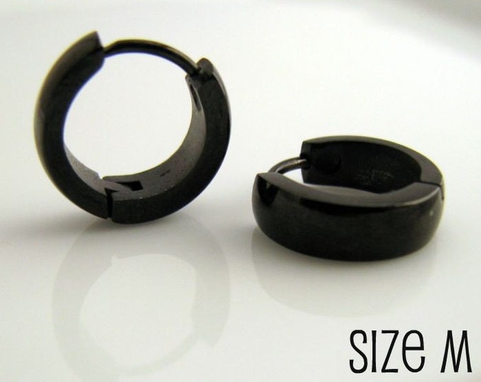 thumbnail image 2 of Mens Black Multi-Star Huggie Hoop Earrings – 316L Surgical Steel, Hinged, Boys’ Style (J21) 2 of 4
