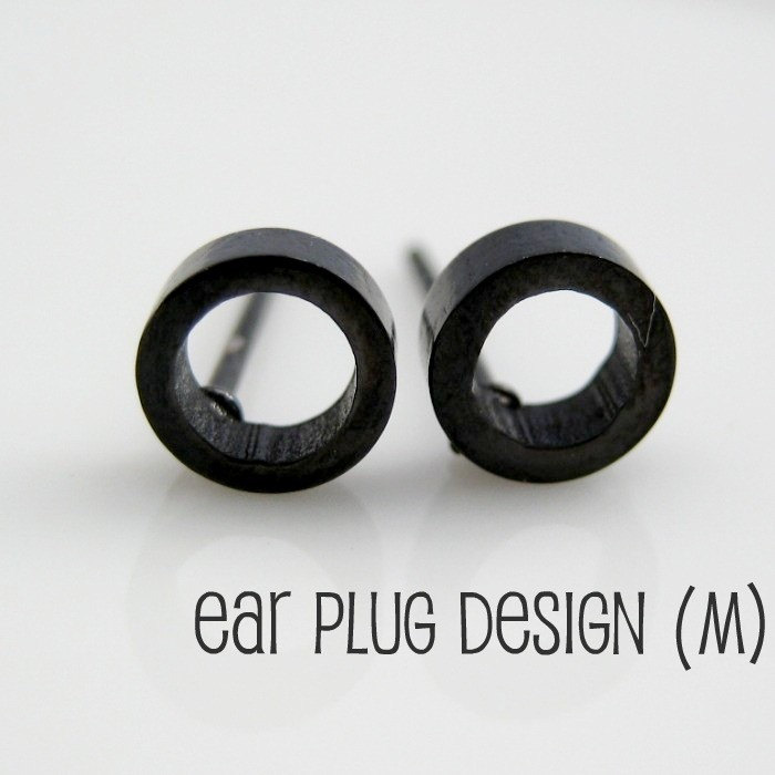 Men's Circle Stud Earrings - Stainless Steel With Greek Key Pattern & Black Enamel, 10mm