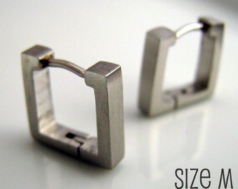 Mens Silver Square Huggie Hoop Earrings - Ear Cartilage Piercing - For Guys Hip Hop Medieval Punk Rock - Simple Steel Medium no.210