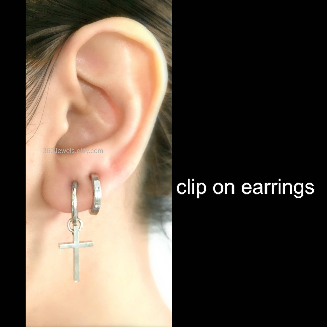 Men's Clip Earrings, Non-pierce Earrings, Clip on Cross Earrings