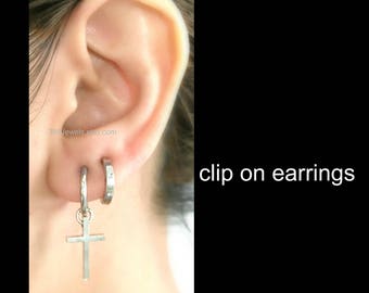 Men's clip earrings, non-pierce earrings, clip on cross earrings, second piercing earrings, silver clip on earrings, 570S-573M