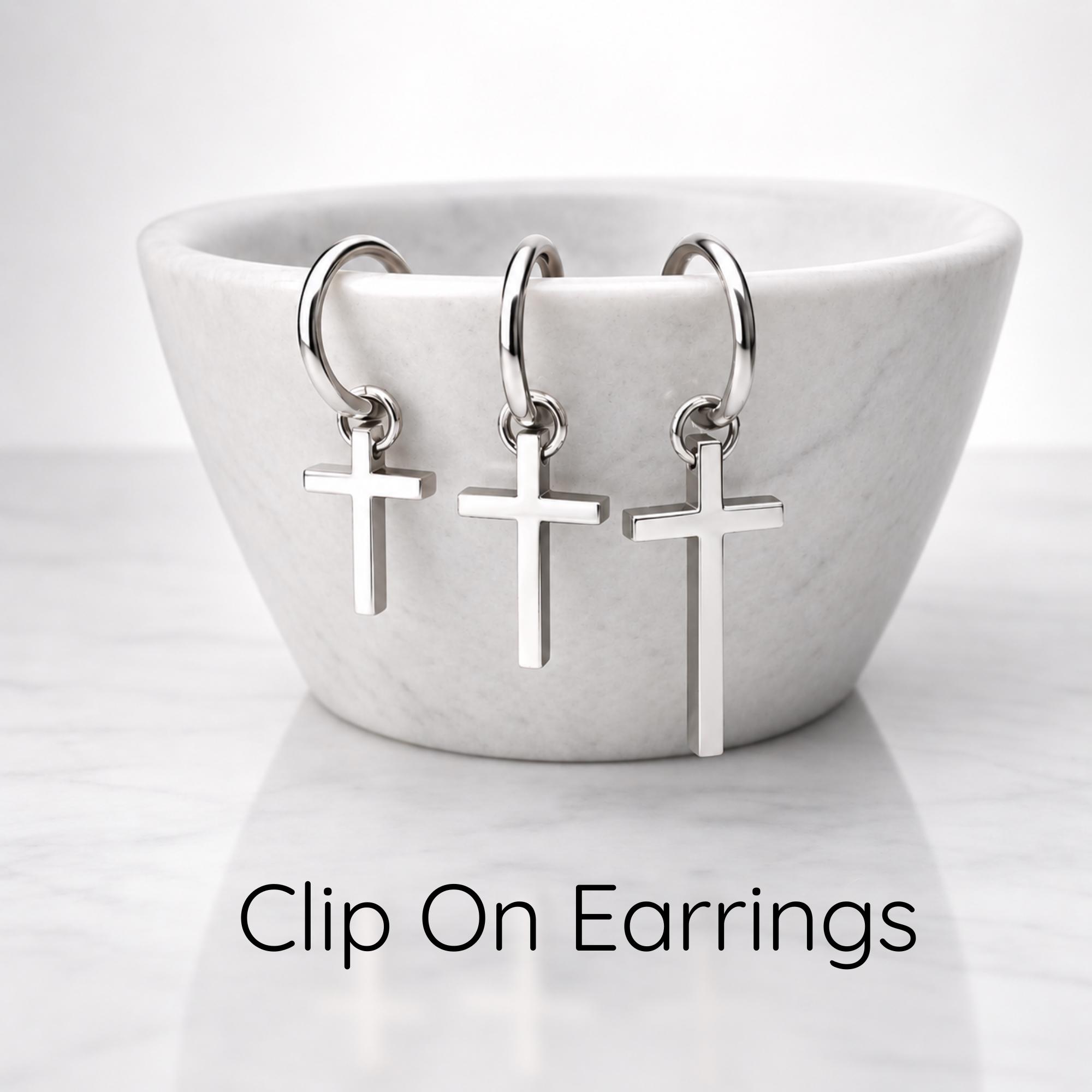 Mens Cross Clip on Earrings | Silver Dangle Hoop | Fake Non